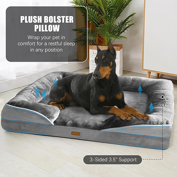 Spotted Play Orthopedic Dog Bed with Sides - Dog Sofa Beds for Extra Large Dogs, Supportive Foam Pet Couch Bed with Washable Removable Cover, Waterproof Lining and Non-Slip Bottom, Grey - XXL