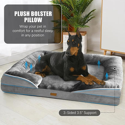 Spotted Play Orthopedic Dog Bed with Sides - Dog Sofa Beds for Extra Large Dogs, Supportive Foam Pet Couch Bed with Washable Removable Cover, Waterproof Lining and Non-Slip Bottom, Grey - XXL