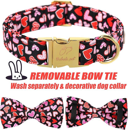 Valentines Dog Collar with Bow Tie,Colorful Love Heart Valentine Dog Collars with Safety Metal Buckle Adjustable Puppy Collars for Small Medium Large Boy & Girl Dogs XL