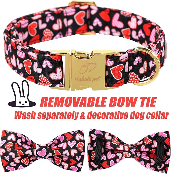 Valentines Dog Collar with Bow Tie,Colorful Love Heart Valentine Dog Collars with Safety Metal Buckle Adjustable Puppy Collars for Small Medium Large Boy & Girl Dogs L