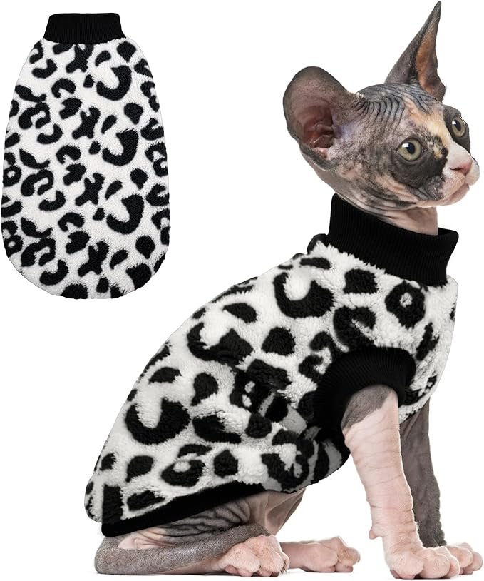 PUMYPOREITY Winter Warm Cat Sweater - Super Soft & Elastic Knit with Plush Fleece, Easy-On Design with Ribbed Neck & Cuffs, Stretchy Cat Outfit for Indoor/Outdoor Use,Black Leopard, L
