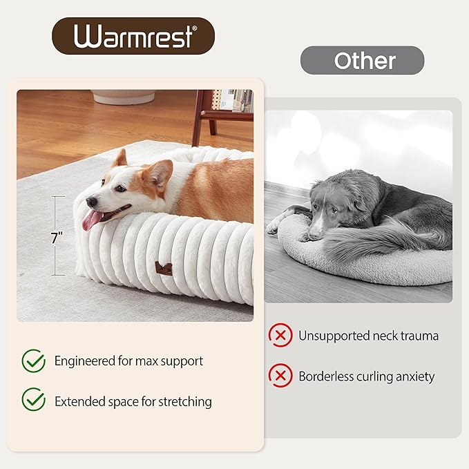 Warmrest Washable Dog Bed for Small Medium Dogs - Rectangle Orthopedic Corduroy Fleece Pet Bed with Removable Cover and Nonskid Bottom, Calming Puppy Bed Soft Pet Sofa, Cream(25x21x7inchs)