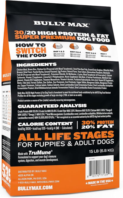 Bully Max Dry Dog Food for Adults & Puppies - High Protein & Fat for Muscle & Weight Gain - High Performance Dog Food Supplements - Small & Large Breed Dogs (535 Calories Per Cup), Chicken, 15lb Bag