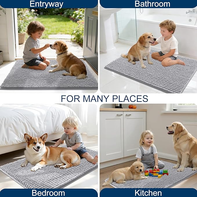 OLANLY Dog Door Mat for Muddy Paws 24x16, Ultra Absorbent Chenille Mud Doormat, Non-Slip Washable and Dirt Trapping Doormat for Indoor Entryway, Quick-Dry Indoor Pet Bed Mats for Dogs, Light Grey