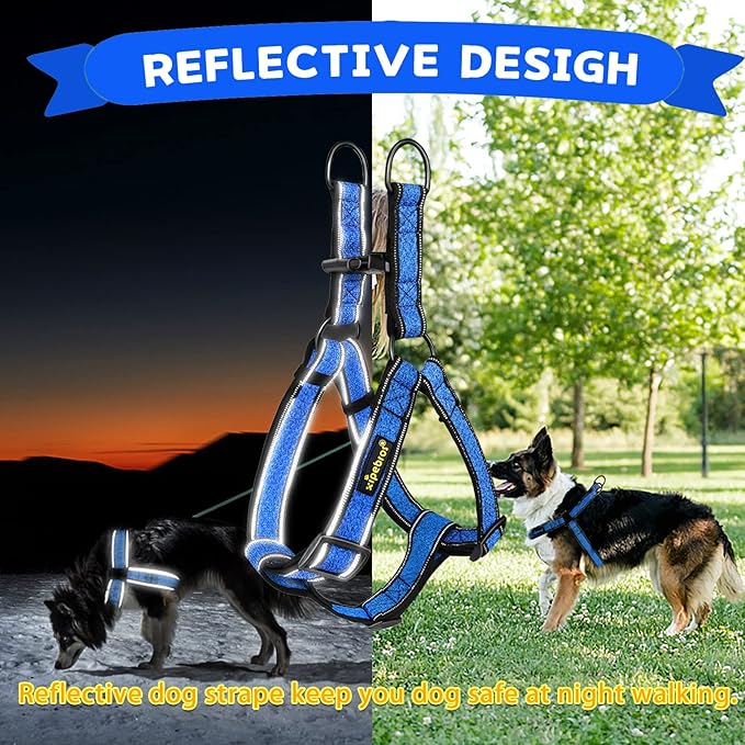 Xipebros Dog Harness, No Pull, Reflective, Adjustable, Stops Pets from Pulling and Choking, Medium/Large, Blue, XL