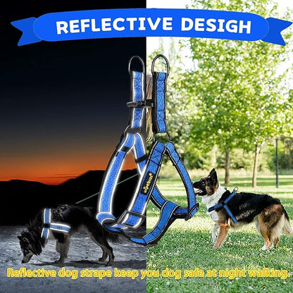 Xipebros Dog Harness, No Pull, Reflective, Adjustable, Stops Pets from Pulling and Choking, Medium/Large, Blue, XL