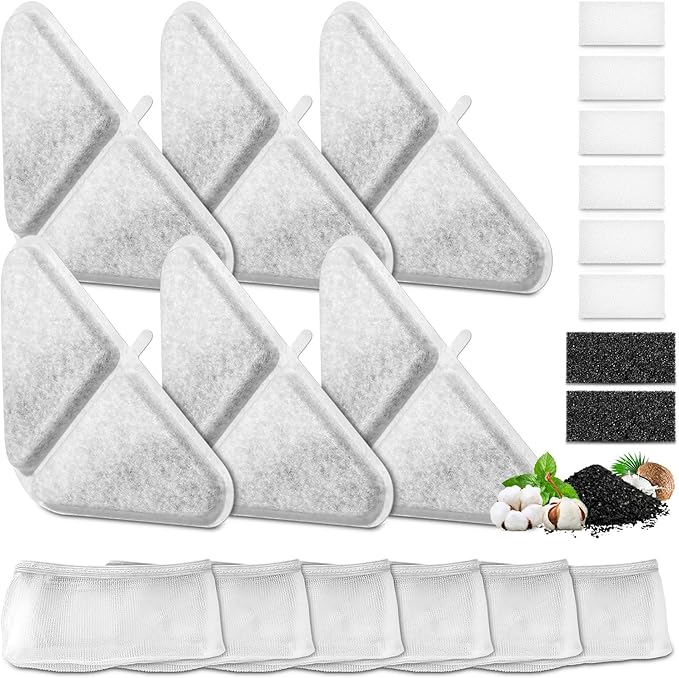 6 Pack Replacement Filters for 230oz Dog Water Fountain, Water Fountain Filter Replacement for 5 Layers Filtration System 7L Pet Fountain, 6 Filters+ 8 Sponges+6 Mesh Bags for 1.8GAL Dog Water Bowl