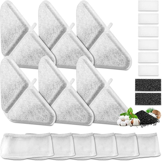 6 Pack Replacement Filters for 230oz Dog Water Fountain, Water Fountain Filter Replacement for 5 Layers Filtration System 7L Pet Fountain, 6 Filters+ 8 Sponges+6 Mesh Bags for 1.8GAL Dog Water Bowl