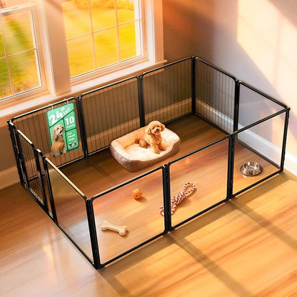 FXW Acrylic & Wire Mesh Indoor Dog Playpen, Heavy Duty 24 Inch 10 Panels Metal Dog Pen for Puppy and Small Dogs, Black│Patented