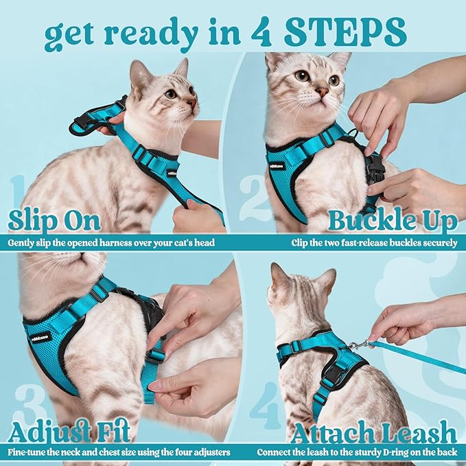 rabbitgoo Cat Harness and Leash for Walking, Escape Proof Soft Adjustable Vest Harnesses for Cats, Easy Control Breathable Reflective Strips Jacket, Teal, XS