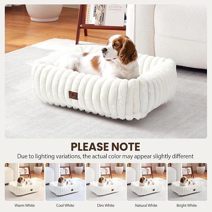Warmrest Washable Dog Bed for Small Medium Dogs - Rectangle Orthopedic Corduroy Fleece Pet Bed with Removable Cover and Nonskid Bottom, Calming Puppy Bed Soft Pet Sofa, Cream(25x21x7inchs)