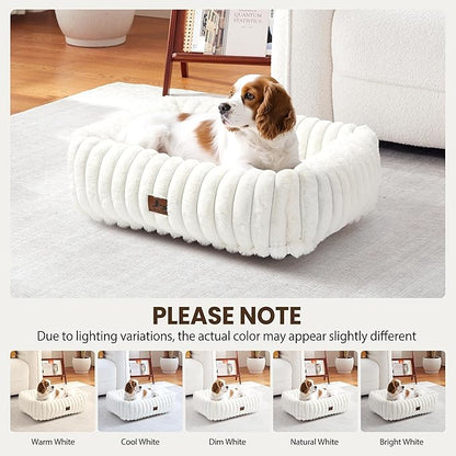 Warmrest Washable Dog Bed for Small Medium Dogs - Rectangle Orthopedic Corduroy Fleece Pet Bed with Removable Cover and Nonskid Bottom, Calming Puppy Bed Soft Pet Sofa, Cream(25x21x7inchs)