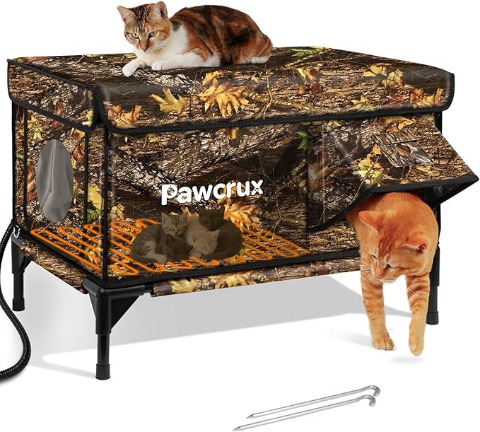 Weatherproof Heated Cat House for Outdoor in Winter, Heated Cat Bed Kitty Shelter with Cat Heating Pad, Insulated & Safe Escape Door, Warm House for Outside Stray Cat (Leaf Color, 17"x25"x17")