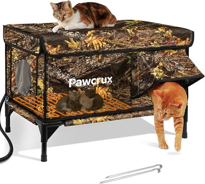 Weatherproof Heated Cat House for Outdoor in Winter, Heated Cat Bed Kitty Shelter with Cat Heating Pad, Insulated & Safe Escape Door, Warm House for Outside Stray Cat (Leaf Color, 17"x25"x17")