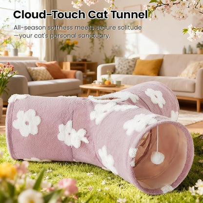 Tempcore Flannel Pet Cat Tunnel Tube Cat Toys 3 Way Collapsible, Cat Tunnels for Indoor Cats, Kitty Tunnel Bored Pet Toys Peek Hole Toy Ball Puppy, Kitty, Kitten, Rabbit Daisy Burlwood