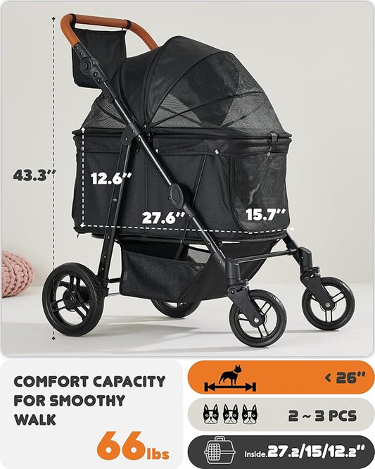 Zoosky Medium Dog Stroller for Large Dogs, pet Stroller for Medium Dogs Up to 66lbs, All-Terrain with Adjustable Handle & Canopy, Sun Shades, Storage Organizer, Waterproof Oxford Fiber