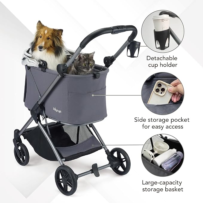 ibiyaya Maxi Deep Carriage Pet Stroller for Cats and Small Dogs – Flat-Free Rubber Wheels, One-Hand Fold, Extra-Tall Cabin (Twin Gray)