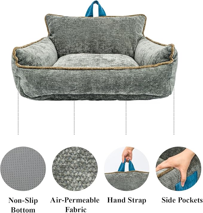 RAFASAFA Small Dog Bed, Washable Pet Bed with Removable Cover, with Sides, Carry Handle & Side Pockets .Plush Chenille Orthopedic Pet Bed Couch for Small Breed Dogs & Cats Calming