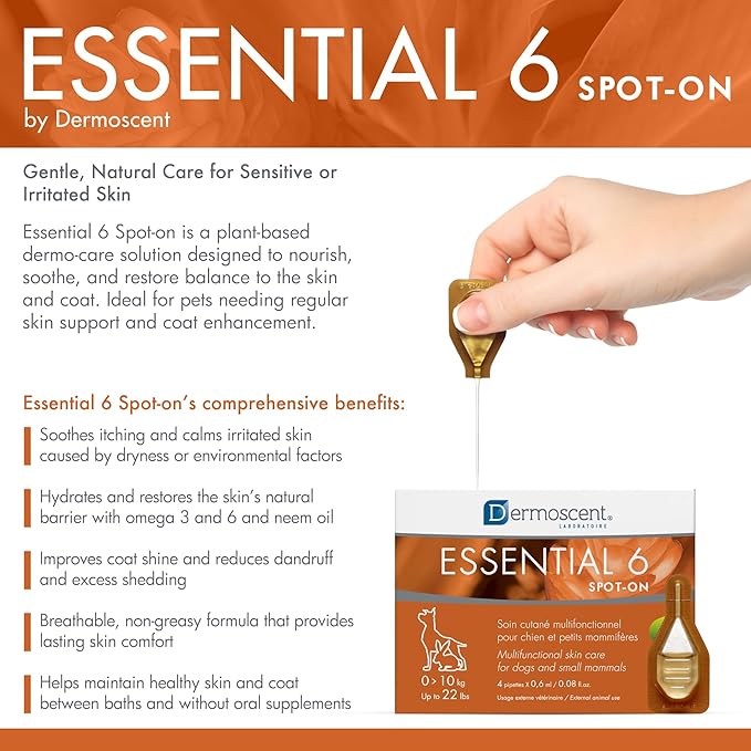 Dermoscent Essential 6 spot-on - Dog Skin Care for Dandruff & Allergy Relief with Vitamin E Oil - Anti Itch for Dogs - Dog & Small Mammals 0-10 kg - 4 Pipettes of 0.6 ml