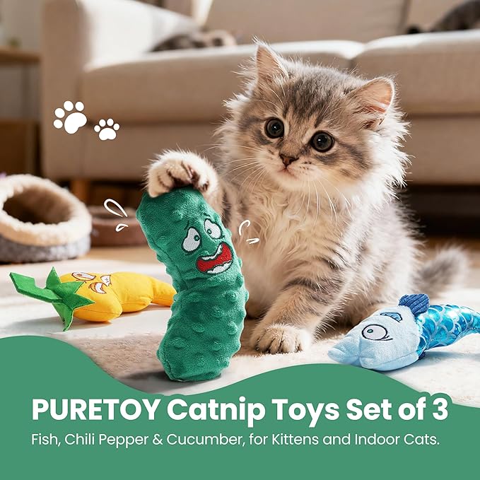 PURETOY Catnip Toys Set of 3 – Fish, Chili Pepper and Cucumber Plush Cat Toys for Indoor Cats, Natural Catnip Filled Interactive Chew and Teething Toys for Kittens