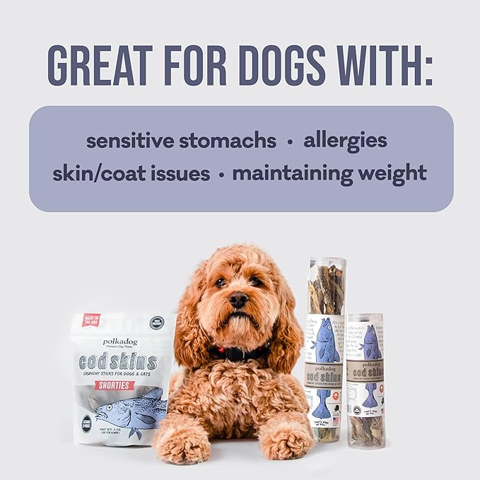 Polkadog Cod Skins for Dogs (2lb Shortie) - Single Ingredient, Wild-Caught Fish Skin Dog Treats for All Breeds – High in Lean Protein & Omega-3. Hypoallergenic, Grain Free. Handcrafted & Made in USA