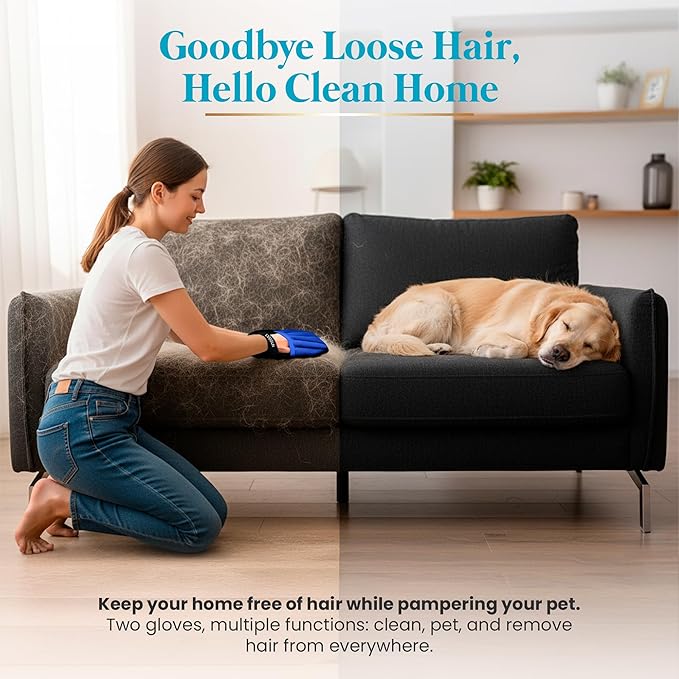 LVGSUN 3-in-1-Pet Hair Remover Gloves for Cats & Dogs, Grooming & Deshedding Mitt Set – 2 Gloves + Extra Pad, Reusable Fur Removal Tool for Shedding, Sofa, Clothes, Carpet & Car Interior