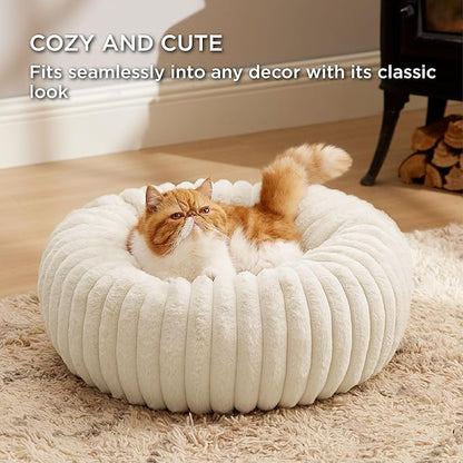 Bedsure ComfyFleece Cat beds for Indoor Cats - Donut Dog Beds for Small Dogs with Corduroy Fleece & Anti Slip Bottom, Faux Fur Pet Beds with Washable Removable Cover, Cream, 20x20x6 inches