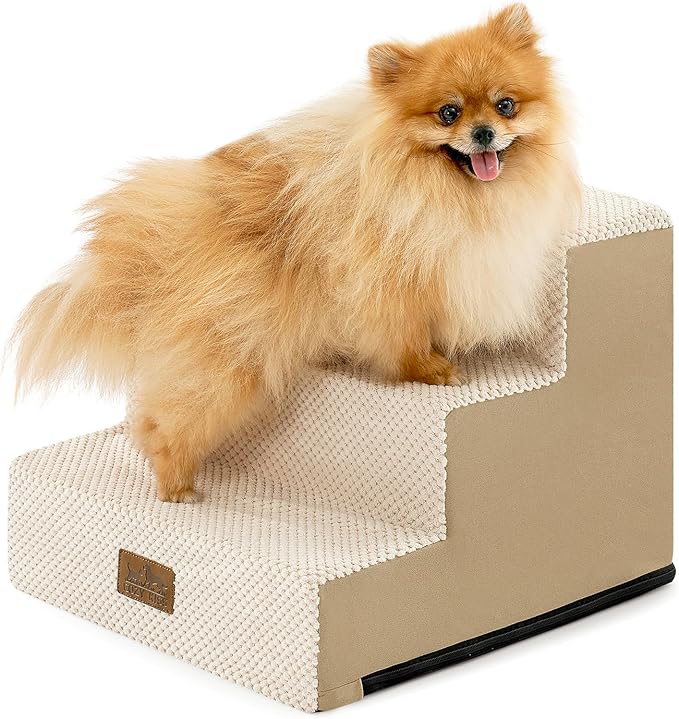 COZY KISS Dog Stairs for Small Dogs, 3 Tier Pet Stairs for Couch, 13.5" H Non-Slip Dog Steps for Old Cats, Puppy, Small Dogs, 15.7x17.7x13.5 inch, Beige