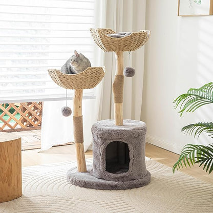 PISARRY Cat Tree Tower, 46 inch Modern Cat Tree for Indoor Cats Large Adult, Luxury Cat Condo with Scratching Post, Real Solid Wood Branch Indoor Boho Furniture, Climbing Tower, Gray