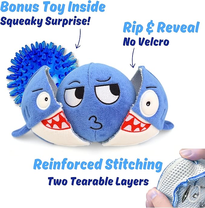 3 in 1 Squeaky Soft Plush Super Durable Dog Chew Toy for Aggressive Chewers, No Stuffing Interactive Tough Rip & Reveal Crinkle Shark Ball in Gift Box, Puppy, Small & Large Breed Pet Birthday Present