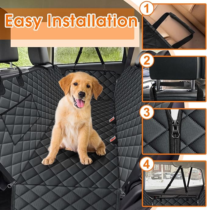 NECKORY Waterproof Dog Car Seat Cover for Back Seat - Durable, Scratch Proof Pet Hammock with Nonslip Design & Storage Pockets, Fits Cars, SUVs, Trucks - L, Black