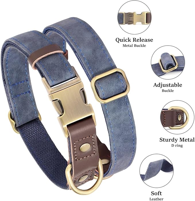 Didog Soft PU Leather Dog Collars for Small Dogs,Classic Adjustable Dog Collars with Quick Release Metal Buckle,Easy Clean and Comfortable with Nylon Lining,Blue,S Neck 11-15"