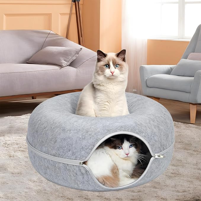ZVGV 24inch-Tunnel Bed for Indoor,cattasaurus Peekaboo cat cave for Multiple,Detachable Felt Felt Washable Interior for Indoor Cats,Donut Tunnel (Light Gray)
