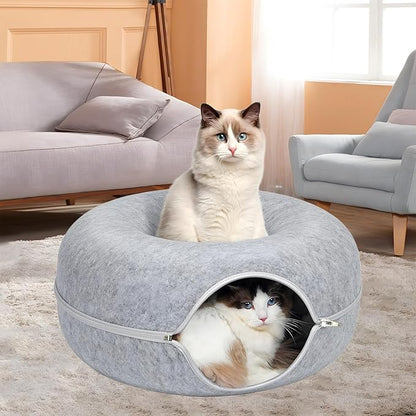 ZVGV 24inch-Tunnel Bed for Indoor,cattasaurus Peekaboo cat cave for Multiple,Detachable Felt Felt Washable Interior for Indoor Cats,Donut Tunnel (Light Gray)