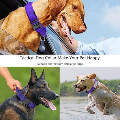 DAGANXI Tactical Dog Collar, Adjustable Military Training Nylon Dog Collar with Control Handle and Heavy Metal Buckle for Medium and Large Dogs, with Patches and Airtags Case (Purple, M)
