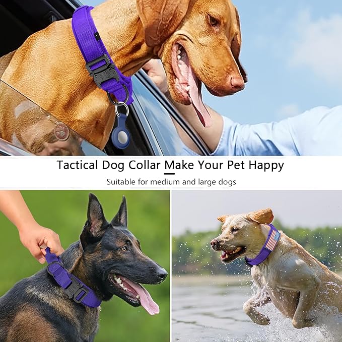 DAGANXI Tactical Dog Collar, Adjustable Military Training Nylon Dog Collar with Control Handle and Heavy Metal Buckle for Medium and Large Dogs, with Patches and Airtags Case (Purple, XL)
