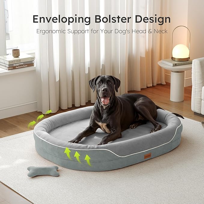 CWAWZ XXL Orthopedic Dog Bed, 53 in. Dog Bed for Large Sized Dogs with Full-Surround Bolsters, Dual-Sided Dog Cooling Beds with Memory Foam, Washable Pet Sofa Couch with Nonslip Bottom, Light Grey