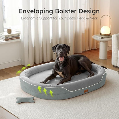 CWAWZ XXL Orthopedic Dog Bed, 53 in. Dog Bed for Large Sized Dogs with Full-Surround Bolsters, Dual-Sided Dog Cooling Beds with Memory Foam, Washable Pet Sofa Couch with Nonslip Bottom, Light Grey