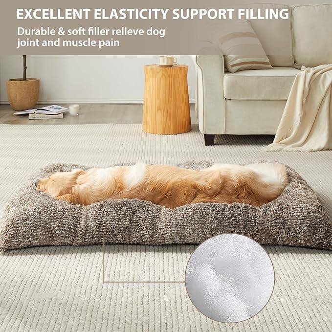 BFPETHOME Dog Beds for Large Dogs, Plush Dog Crate Bed Fluffy Cozy Kennel Pad for Sleeping &Ease Anxiety, Washable Pet Mats with Anti-Slip Bottom for Large Dogs, Khaki