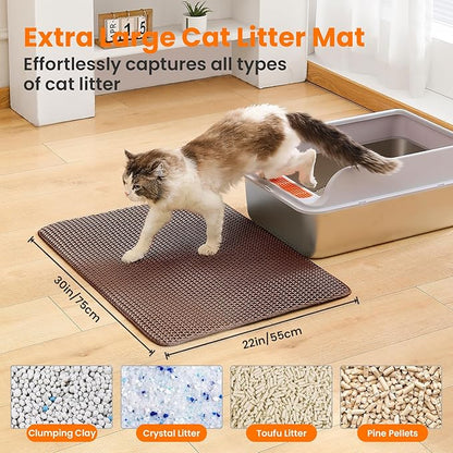 Petinstinct Extra Large Cat Litter Mat, 30x22 Inches Honeycomb Double Layer Cat Litter Trapping Mat, Non Slip Waterproof Urine Proof Large Kitty Litter Box Mat for Floor, Kitten Supplies, XL, Brown