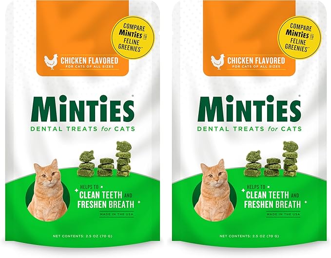 Minties Dental Treats for Cats, Chicken Flavored Treats for Cats, Freshens Breath and Controls Tartar, 2.5oz (Pack of 2)