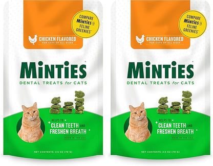 Minties Dental Treats for Cats, Chicken Flavored Treats for Cats, Freshens Breath and Controls Tartar, 2.5oz (Pack of 2)