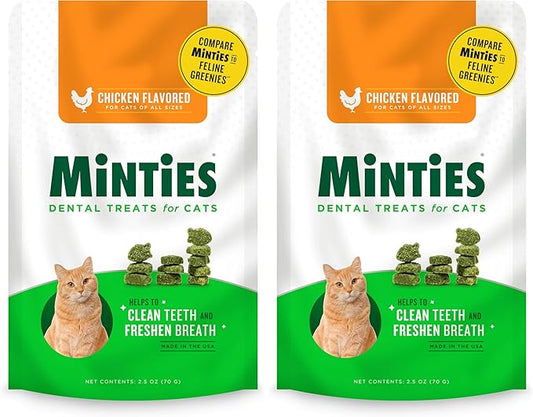Minties Dental Treats for Cats, Chicken Flavored Treats for Cats, Freshens Breath and Controls Tartar, 2.5oz (Pack of 2)