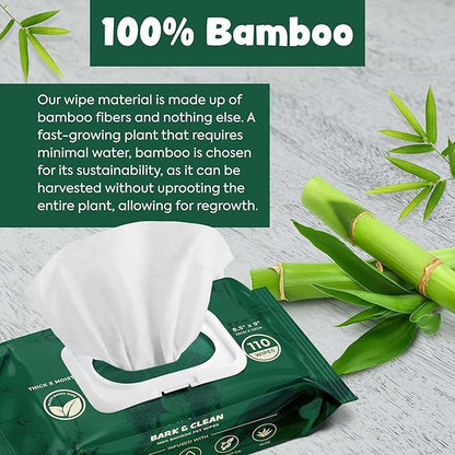 Bark & Clean 440 Dog Wipes for Cleaning and Deodorizing - 4 Pack of 110 8.5" x 9" Bamboo Pet Wipes - Compostable, Hypoallergenic Puppy Wipes - Dog Wipes for Paws, Butt, and Body