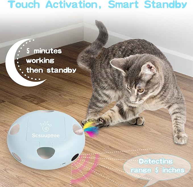 Scsuupoee IInteractive Cat Toy, Electric Cat Toys for Moving Concealed Feathers, Smart Sensor 7 Holes Whack a Mole Feather Toy, USB Charge Automatic Kitten Toys,Blue
