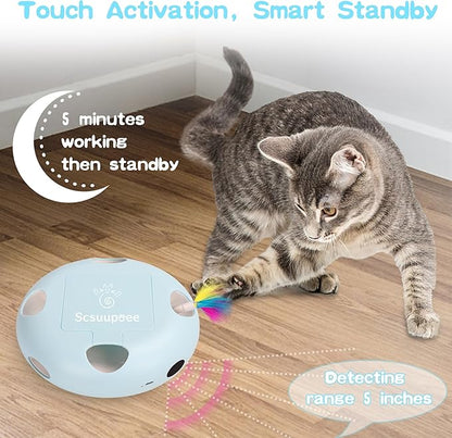 Scsuupoee IInteractive Cat Toy, Electric Cat Toys for Moving Concealed Feathers, Smart Sensor 7 Holes Whack a Mole Feather Toy, USB Charge Automatic Kitten Toys,Blue