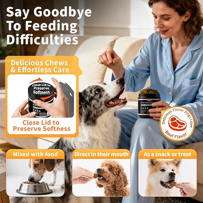 25-in-1 Dog Multivitamin Chews – All-in-One Daily Vitamins & Supplements for Dogs, Joint Support with Glucosamine MSM, Omega-3 Skin & Coat, Gut, Heart & Brain, All Breeds & Ages, Chicken, 60 Ct