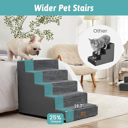 COZY KISS Dog Stairs for Small Dogs 5-Step, 19.7" Extra Wide Right-Angle Pet Stairs for Couch and Beds, Anti-Slip Dog Steps for Old Cats and Lowrider, 19.7x29.5x23.6 inch, Dark Grey