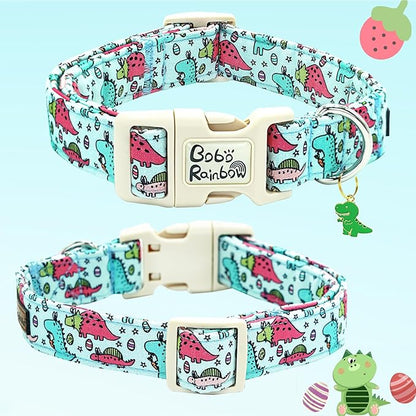 Dog Collar-Blue Pink Dinosaur Print Adjustable Pet Collars Soft Comfortable Puppy Collar Cute Cotton Collars Durable Gift for Large Dogs