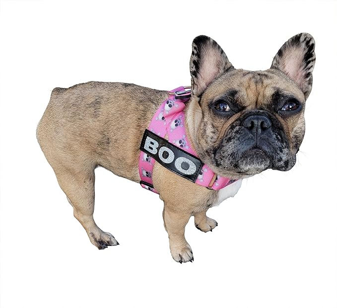 BULLHUG Adjustable Dog Harness– No Pull, No Choke – for English Bulldogs, French Bulldogs, Pugs & Broad-Chested Breeds – Easy, Safe Walks (Pink Skull, Large)